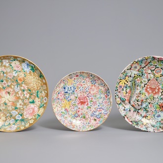 Three Chinese famille rose millefleurs dishes, Qianlong marks, Republic, 20th C.