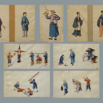 Neuf peintures sur papier de riz, Chine, Canton, 19ème