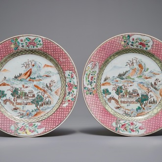 A pair of Chinese famille rose plates with mountainous landscapes, Yongzheng