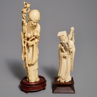 Two Chinese carved ivory figures of Shou Lao and Lu Dongbin, 19th C.