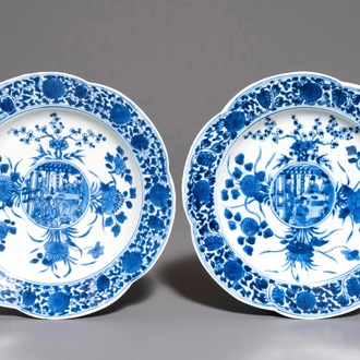 A pair of Chinese blue and white lobed plates with central medallions, Kangxi