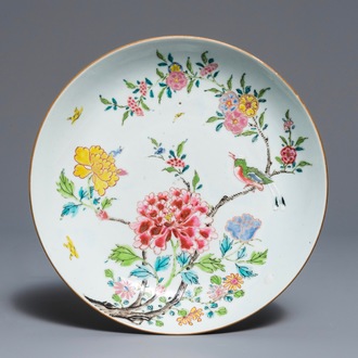 A fine Chinese famille rose plate with a bird among flowers, Yongzheng