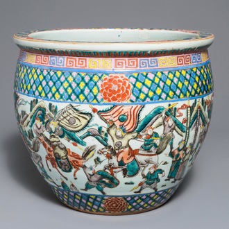 A Chinese famille verte fish bowl with warriors, 19th C.