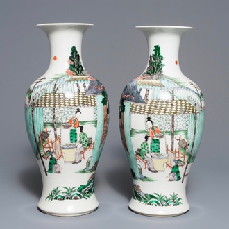 A pair of Chinese famille verte 'silk production' vases, 19th C.