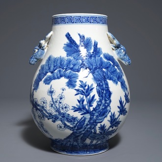 A Chinese blue and white 'Three friends of winter' hu vase, Qianlong mark, 19/20th C.