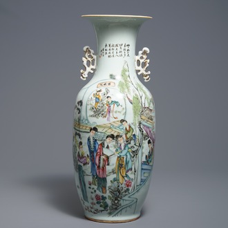 A Chinese famille rose two-sided design vase, 19/20th C.