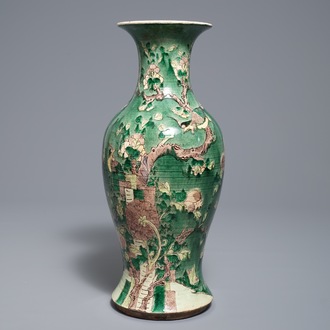 A Chinese famille verte vase with birds among foliage, 19th C.