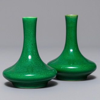 A pair of Chinese miniature monochrome green vases, Kangxi
