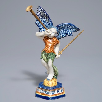 Un modèle allégorique de l'ange de la Renommée en faïence polychrome de Delft, 18ème