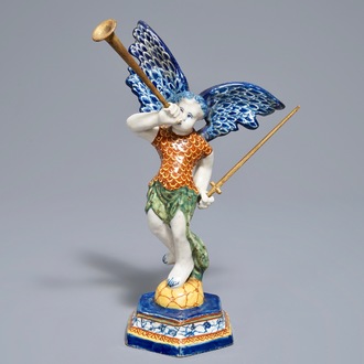 A polychrome Dutch Delft allegorical model of the angel 'Fame', 18th C.