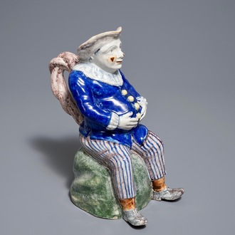 A polychrome Brussels faience figurative 'Jacquot' ewer, Stevens mark, 19th C.