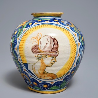 An Italian maiolica drug jar of 'vaso a palla' type, Venice, 2nd half 16th C.