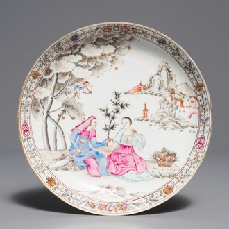 A Chinese famille rose grisaille 'mythological subject' plate, Yongzheng
