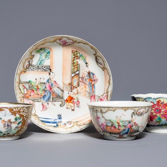 Une tasse et soucoupe à décor 'mandarin' et deux tasses en porcelaine de Chine famille rose, Yongzheng/Qianlong
