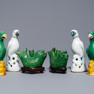 Two pairs of verte biscuit and blanc de Chine parrots and a pair of water droppers, Kangxi and later
