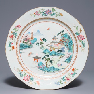 A Chinese famille rose dish with pagoda in a landscape, Qianlong