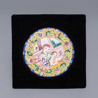 A fine Chinese Canton enamel 'Europeans' medallion, Qianlong