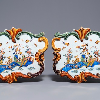 A pair of fine polychrome Dutch Delft chinoiserie plaques, 18th C.