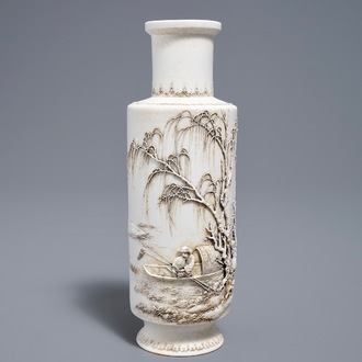 A Chinese biscuit-fired rouleau vase, Wan Bing Rong mark, 20th C.
