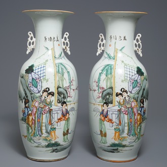 A pair of Chinese famille rose vases with ladies in a garden, 19/20th C.