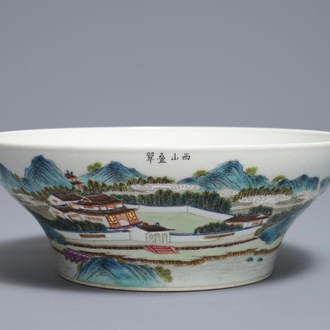 A Chinese famille rose landscape bowl, Jiaqing mark, 20th C.