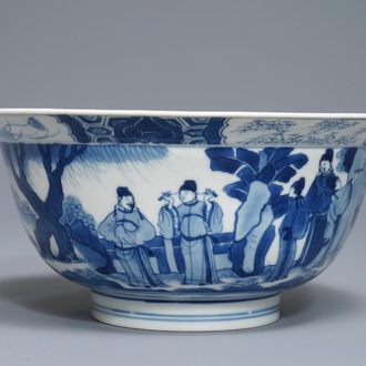 A Chinese blue and white klapmuts bowl with figures in a landscape, Chenghua mark, Kangxi