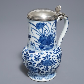 A Chinese blue and white silver-mounted floral jug, Kangxi