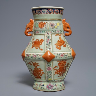 A Chinese famille rose celadon ground vase, Qianlong mark, 19th C.