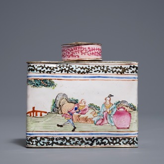 A Chinese Canton enamel tea caddy and cover, Qianlong