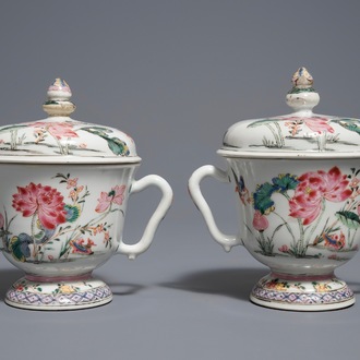 A pair of Chinese famille rose cups and covers with lotus flowers and ducks, Yongzheng