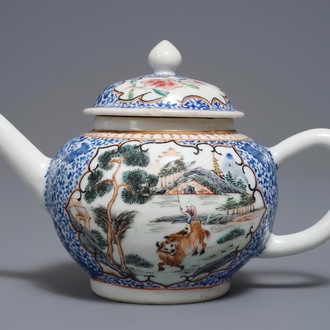 A Chinese famille rose and overglaze blue teapot and cover, Yongzheng