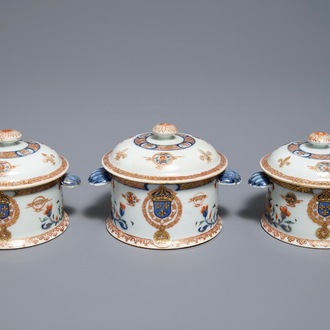 Three round Chinese armorial tureens and covers from the service of King Louis XV of France, Yongzheng, ca. 1732