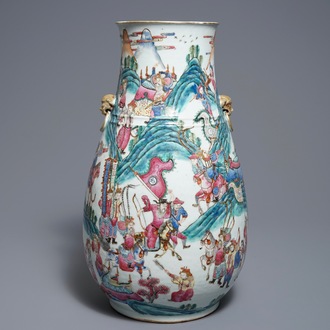 A large Chinese famille rose hu vase with warrior scenes, 19th C.