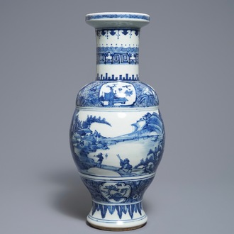 A Chinese blue and white vase with figures in a landscape, 19th C.