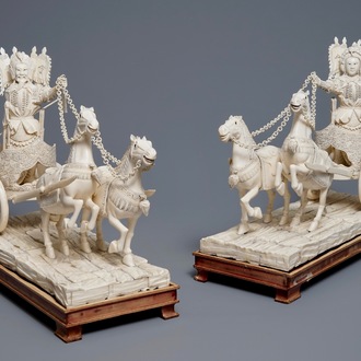 A pair of large Chinese ivory 'warriors on horse chariots' groups, late 19th C.