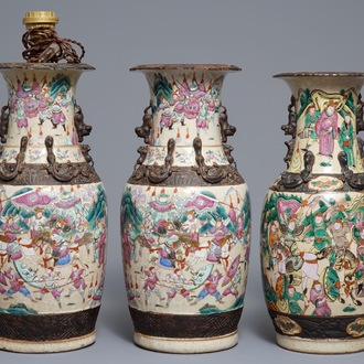 Three Chinese Nanking famille rose crackle-glazed vases, 19th C.