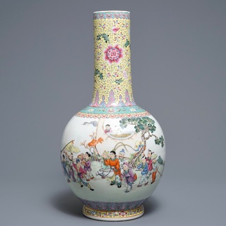 A Chinese famille rose 'playing boys' vase, Qianlong mark, 20th C.