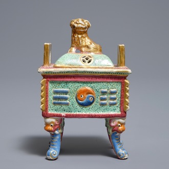 A Chinese famille rose censer and cover, 19th C.