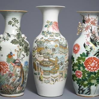 Trois vases en porcelaine de Chine famille rose et qianjiang cai, 19/20ème