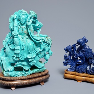 Two Chinese carved lapis lazuli and turquoise figures, 20th C.