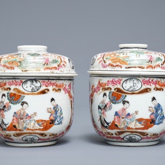 A pair of Chinese famille rose bowls and covers, Yongzheng/Qianlong