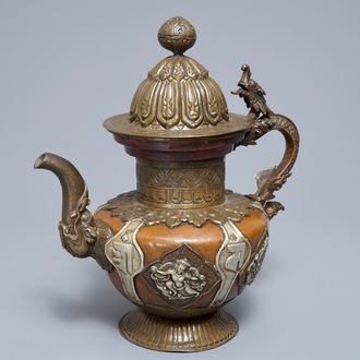 A Tibetan copper and silver teapot and cover, 19th C.