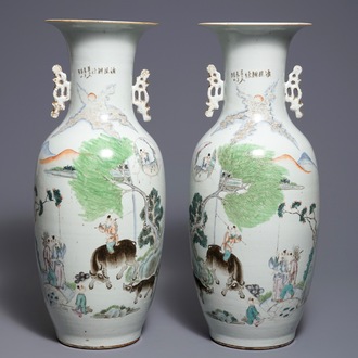 A pair of Chinese qianjiang cai vases with figures in a landscape, 19/20th C.