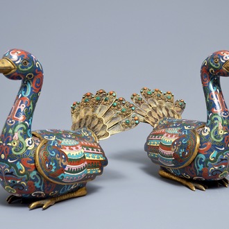 A pair of Chinese cloisonné and inlaid gilt silver peacock censers, 19th C.