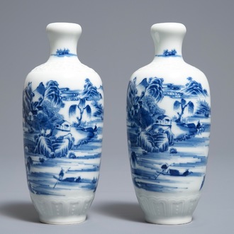 A pair of Chinese blue and white landscape vases, Qianlong mark, Republic, 20th C.