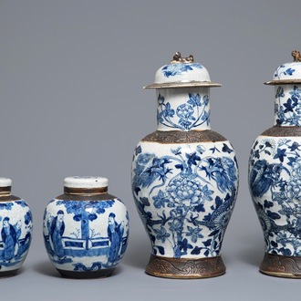 Two pairs of Chinese Nanking crackle-glazed vases and covers, 19/20th C.