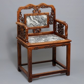 A Chinese marble-inset carved wood chair, early 20th C.