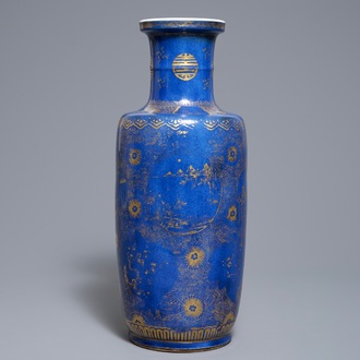 A Chinese powder blue and gilt rouleau vase, Kangxi