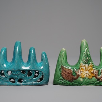 Two Chinese turquoise-glazed and verte biscuit brush rests, Kangxi