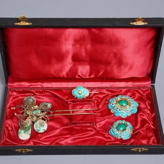 Four Chinese silver, jade and kingfisher feather ornaments, 19/20th C.